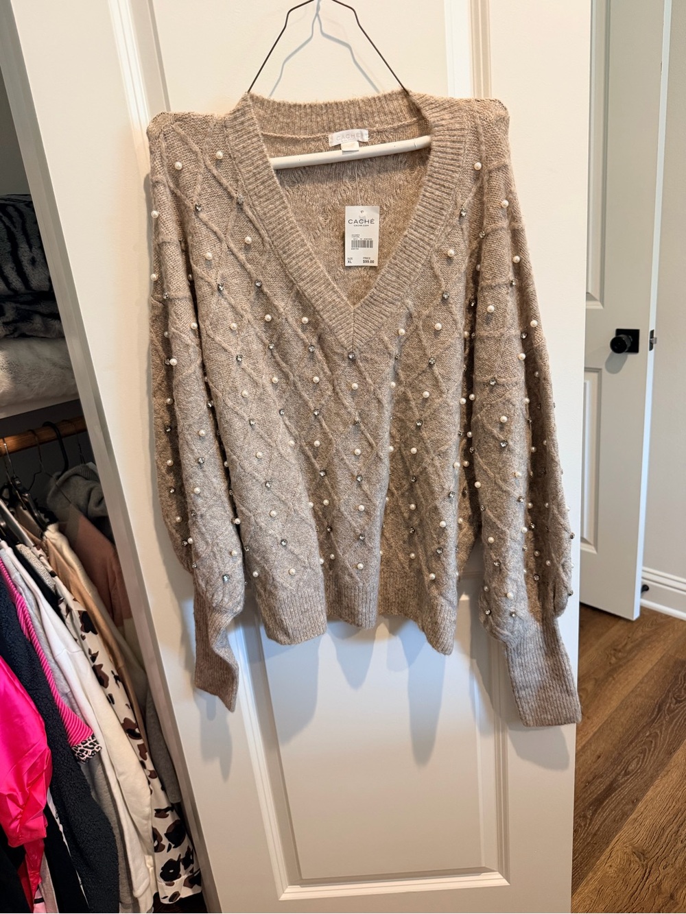 Cache Taupe Pearl-Embellished V-Neck Sweater